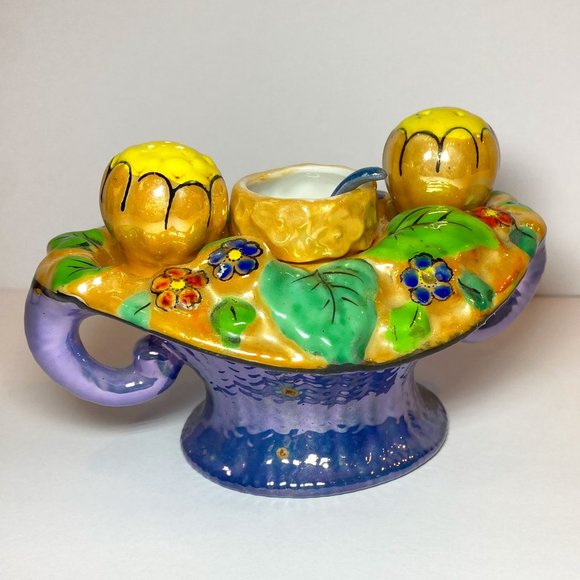 Vintage Salt & Pepper Shakers Mini Bowl & Spoon with Stand in Lustre Glaze - Picture 1 of 7